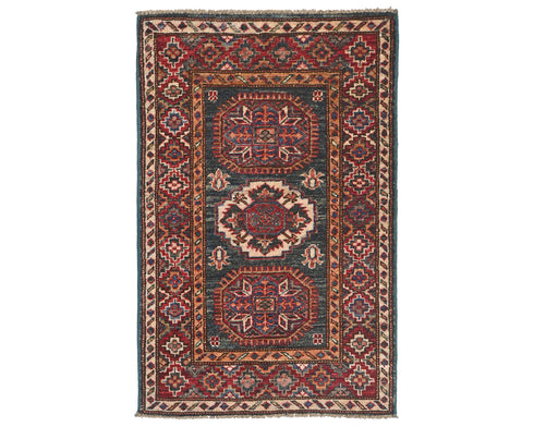 2x3 Green Kazak Afghan Hand Knotted Wool Area Rug