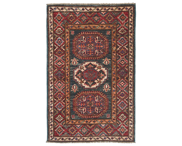 2x3 Green Kazak Afghan Hand Knotted Wool Area Rug