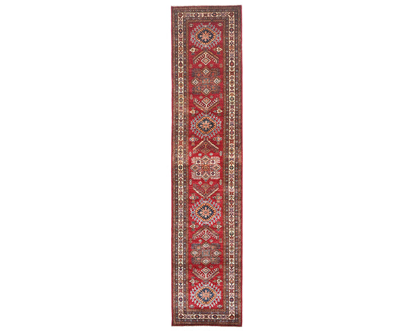 12 Feet Red Kazak Afghan Hand Knotted Wool Runner Rug