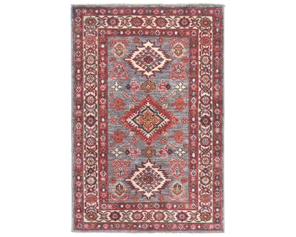 3x4 Gray Kazak Afghan Hand Knotted Geometric Wool Area Rug