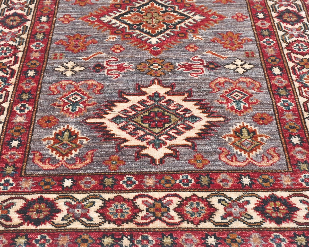 3x4 Gray Kazak Afghan Hand Knotted Geometric Wool Area Rug