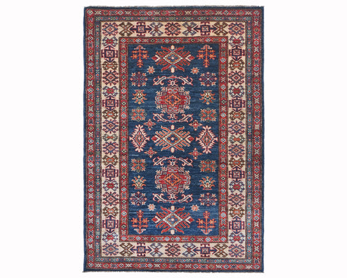3x5 Blue Kazak Afghan Hand Knotted Geometric Wool Area Rug
