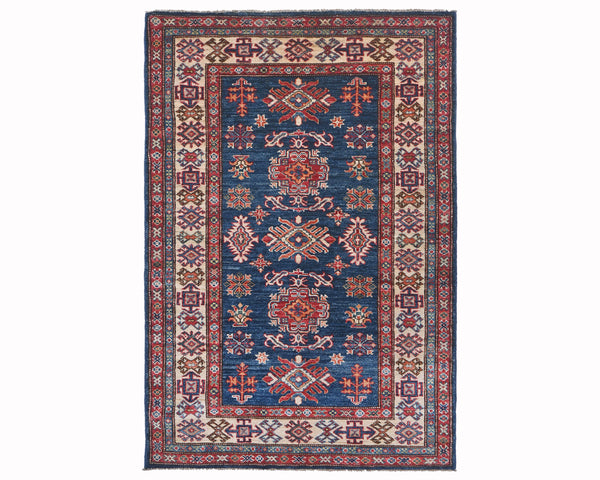 3x5 Blue Kazak Afghan Hand Knotted Geometric Wool Area Rug