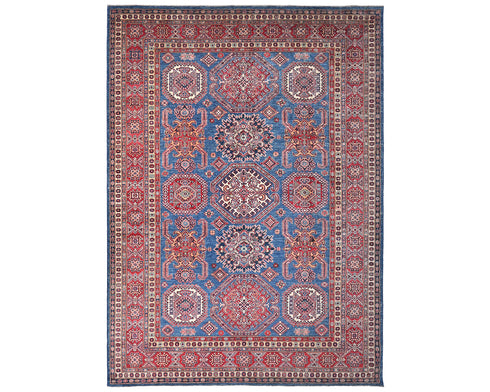 8x10 Blue Kazak Afghan Hand Knotted Geometric Wool Area Rug