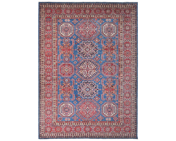 8x10 Blue Kazak Afghan Hand Knotted Geometric Wool Area Rug