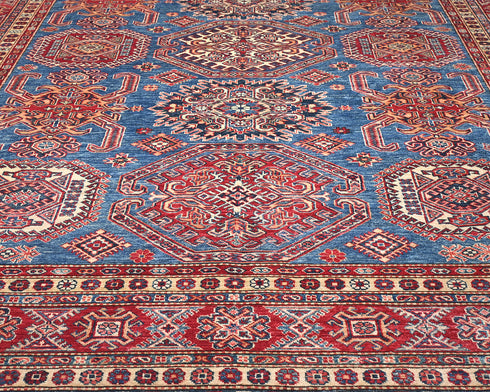 8x10 Blue Kazak Afghan Hand Knotted Geometric Wool Area Rug