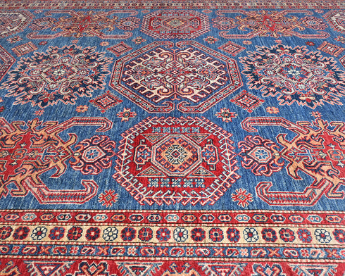 8x10 Blue Kazak Afghan Hand Knotted Geometric Wool Area Rug