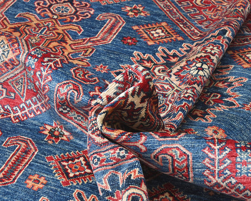 8x10 Blue Kazak Afghan Hand Knotted Geometric Wool Area Rug