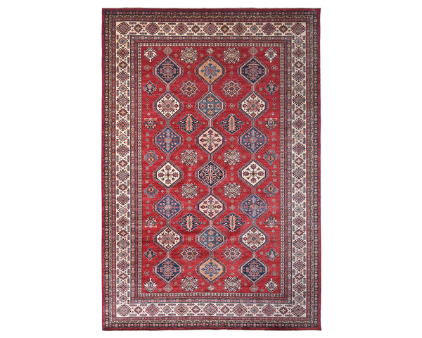 10x14 Red Kazak Afghan Hand Knotted Geometric Wool Area Rug