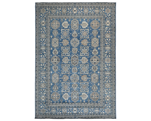 10'2x13'4 Ft Blue Kazak Afghan Hand Knotted Geometric Wool Area Rug