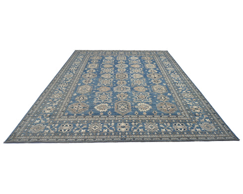 10'2x13'4 Ft Blue Kazak Afghan Hand Knotted Geometric Wool Area Rug