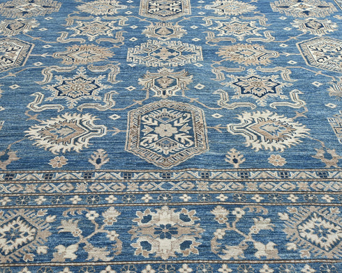 10'2x13'4 Ft Blue Kazak Afghan Hand Knotted Geometric Wool Area Rug