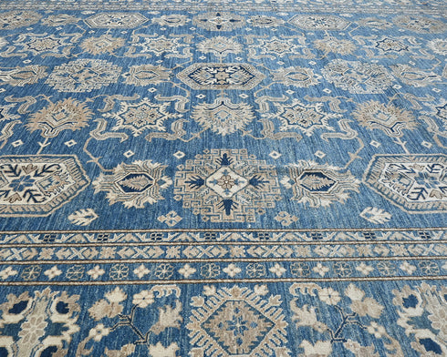 10'2x13'4 Ft Blue Kazak Afghan Hand Knotted Geometric Wool Area Rug
