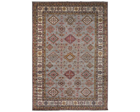 Gray 10x14 Kazak Afghan Hand Knotted Geometric Wool Area Rug