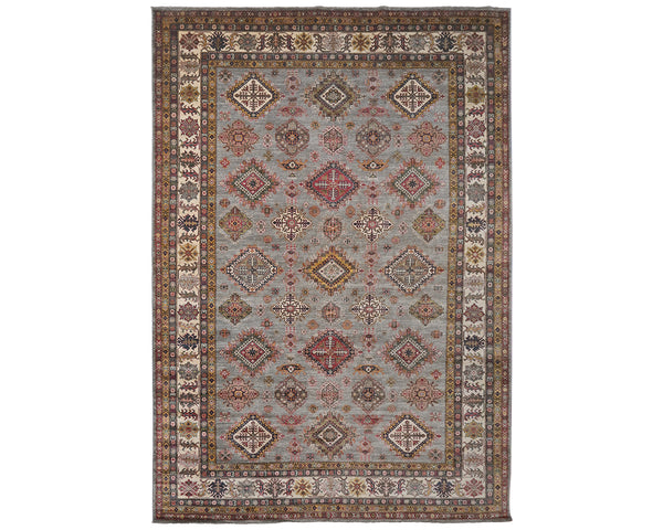 Gray 10x14 Kazak Afghan Hand Knotted Geometric Wool Area Rug