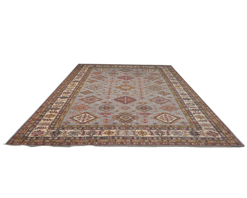 Gray 10x14 Kazak Afghan Hand Knotted Geometric Wool Area Rug