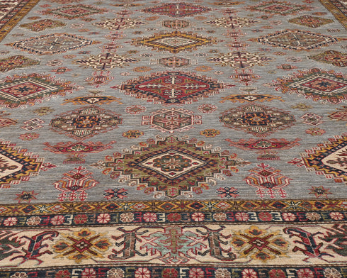 Gray 10x14 Kazak Afghan Hand Knotted Geometric Wool Area Rug