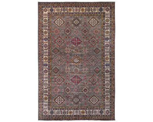 10x14 Brown Gray Kazak Afghan Hand Knotted Geometric Wool Area Rug