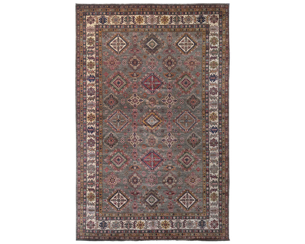 10x14 Brown Gray Kazak Afghan Hand Knotted Geometric Wool Area Rug