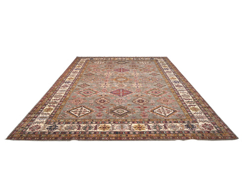 10x14 Brown Gray Kazak Afghan Hand Knotted Geometric Wool Area Rug