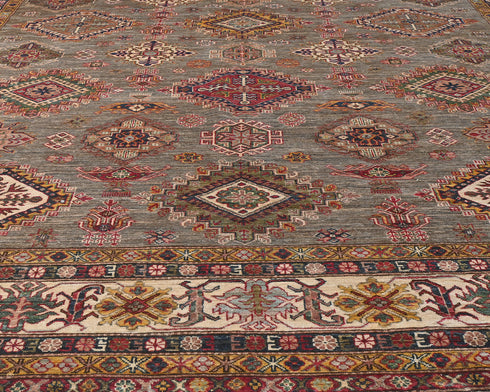 10x14 Brown Gray Kazak Afghan Hand Knotted Geometric Wool Area Rug
