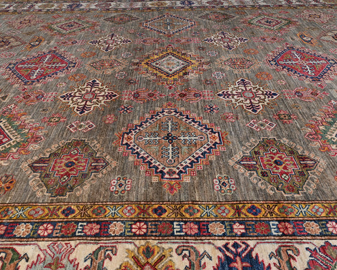 10x14 Brown Gray Kazak Afghan Hand Knotted Geometric Wool Area Rug