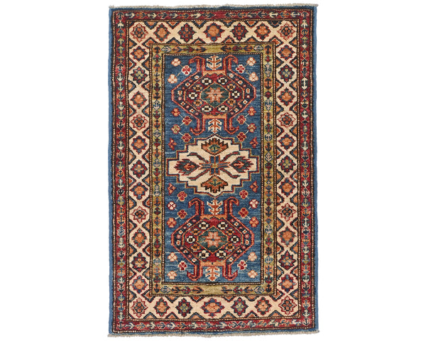2x3 Blue Kazak Afghan Hand Knotted Wool Area Rug