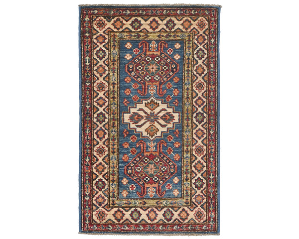 2x3 Blue Kazak Afghan Hand Knotted Wool Area Rug