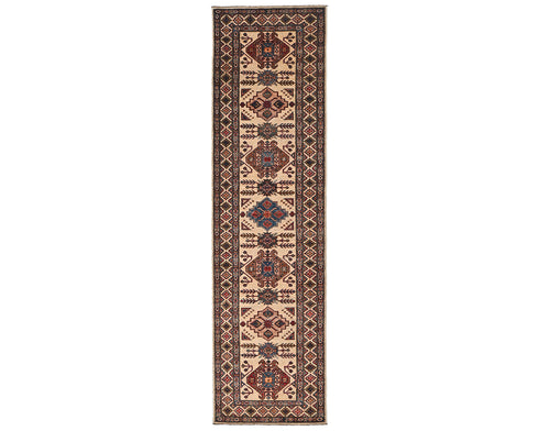 10 Feet Beige Kazak Afghan Hand Knotted Wool Runner Rug