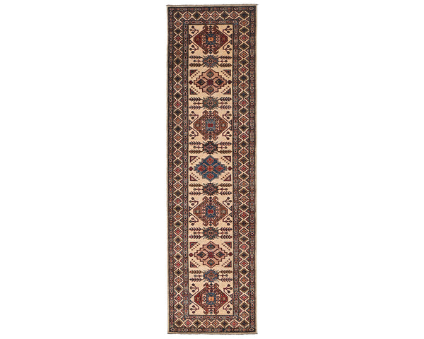 10 Feet Beige Kazak Afghan Hand Knotted Wool Runner Rug
