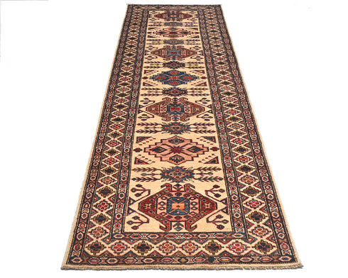 10 Feet Beige Kazak Afghan Hand Knotted Wool Runner Rug