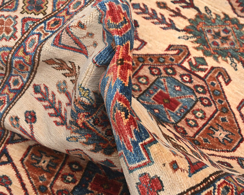 10 Feet Beige Kazak Afghan Hand Knotted Wool Runner Rug