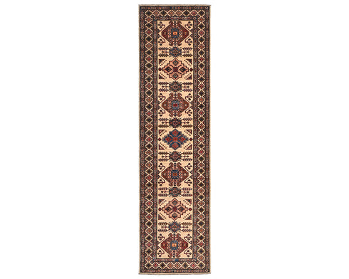 10 Feet Beige Kazak Afghan Hand Knotted Wool Runner Rug