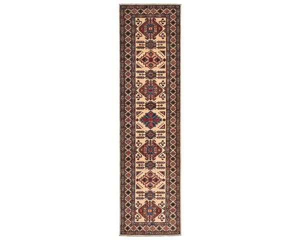 10 Feet Beige Kazak Afghan Hand Knotted Wool Runner Rug