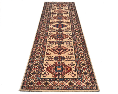 10 Feet Beige Kazak Afghan Hand Knotted Wool Runner Rug