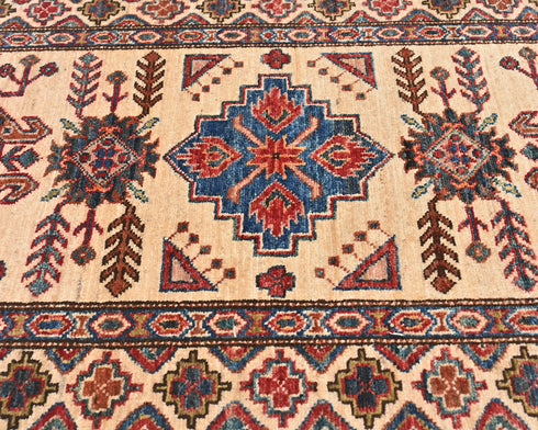 10 Feet Beige Kazak Afghan Hand Knotted Wool Runner Rug
