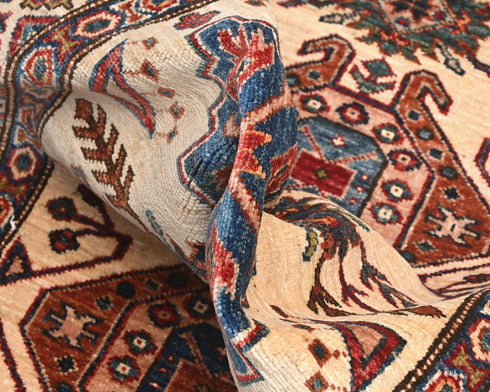 10 Feet Beige Kazak Afghan Hand Knotted Wool Runner Rug