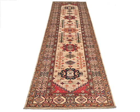 10 Feet Brown Kazak Afghan Hand Knotted Wool Runner Rug