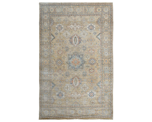 10x14 Ft Light Brown Kazak Afghan Hand Knotted Geometric Wool Area Rug