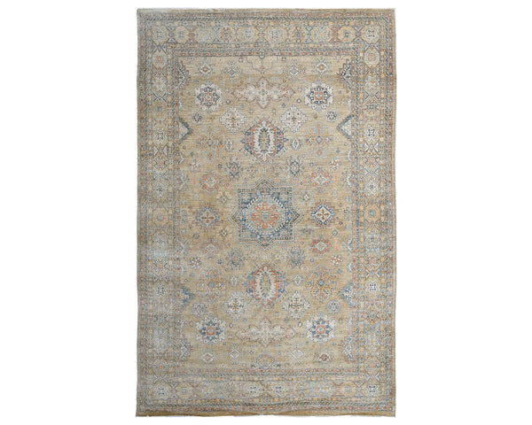 10x14 Ft Light Brown Kazak Afghan Hand Knotted Geometric Wool Area Rug