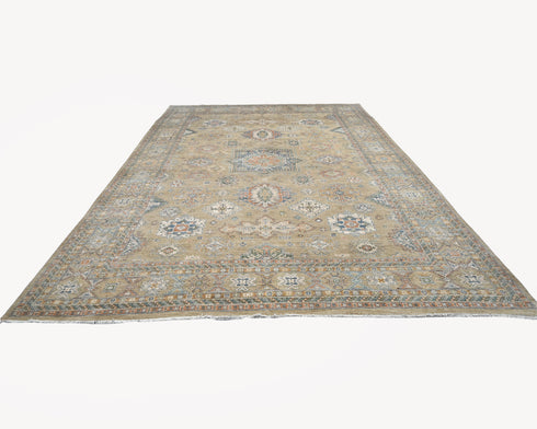 10x14 Ft Light Brown Kazak Afghan Hand Knotted Geometric Wool Area Rug