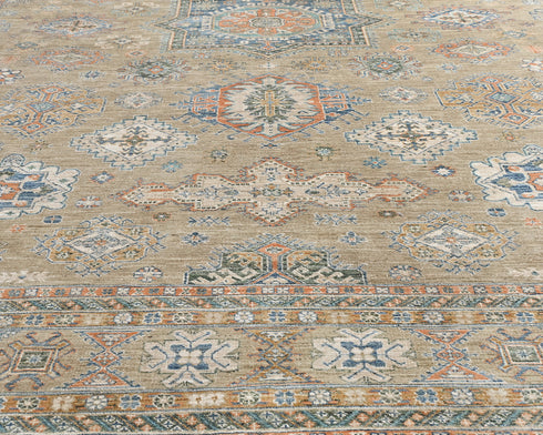 10x14 Ft Light Brown Kazak Afghan Hand Knotted Geometric Wool Area Rug