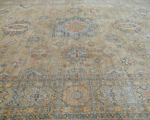 10x14 Ft Light Brown Kazak Afghan Hand Knotted Geometric Wool Area Rug