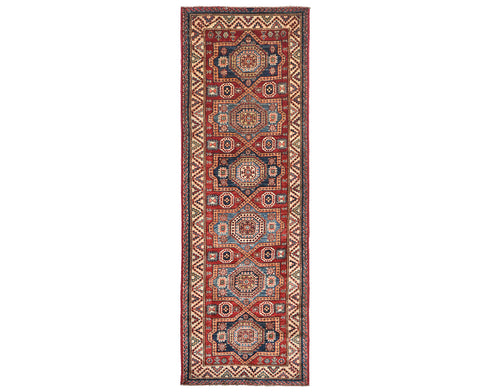 8 Feet Red Kazak Afghan Hand Knotted Wool Runner Rug