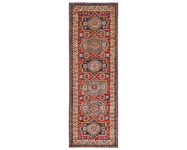 8 Feet Red Kazak Afghan Hand Knotted Wool Runner Rug