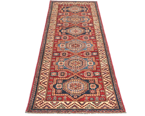 8 Feet Red Kazak Afghan Hand Knotted Wool Runner Rug