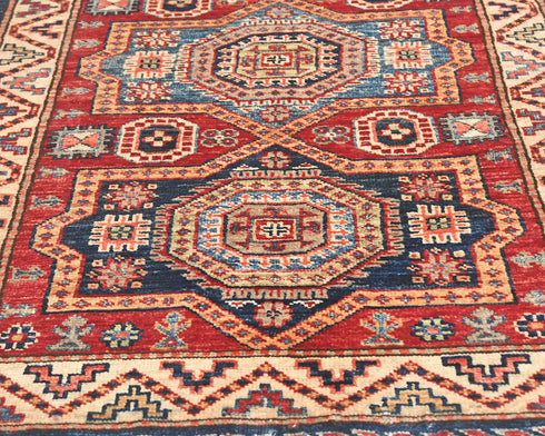 8 Feet Red Kazak Afghan Hand Knotted Wool Runner Rug