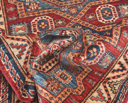 8 Feet Red Kazak Afghan Hand Knotted Wool Runner Rug