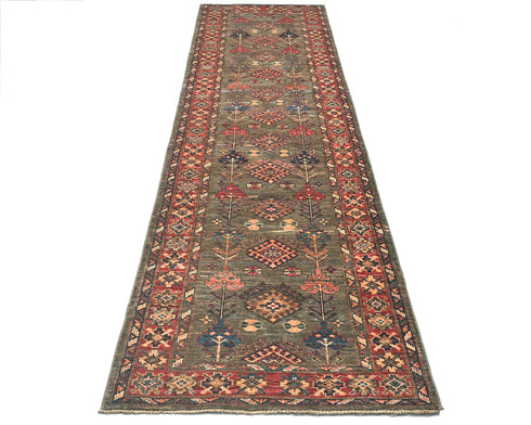 10 Feet Brown Kazak Afghan Hand Knotted Wool Runner Rug