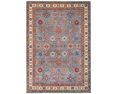 Gray 8x10 Kazak Afghan Hand Knotted Geometric Wool Area Rug